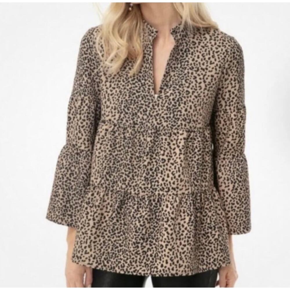 Tuckernuck Edith Leopard Tiered Top V-Neck 3/4 Sleeves Tan & Black Women's Small